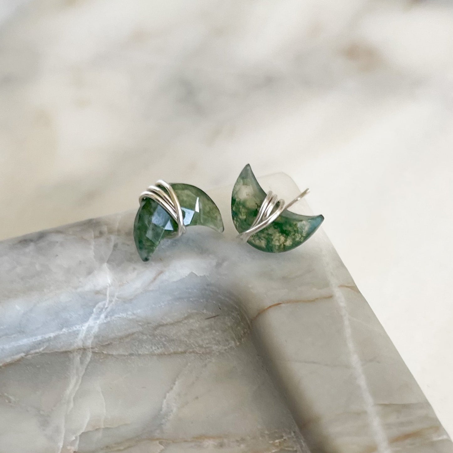 crescent moon moss agate earrings, modern minimalist earrings