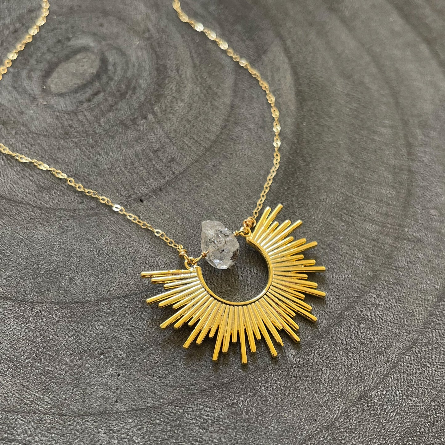 Herkimer Diamond Gold Starburst Necklace, Boho Gold Necklace