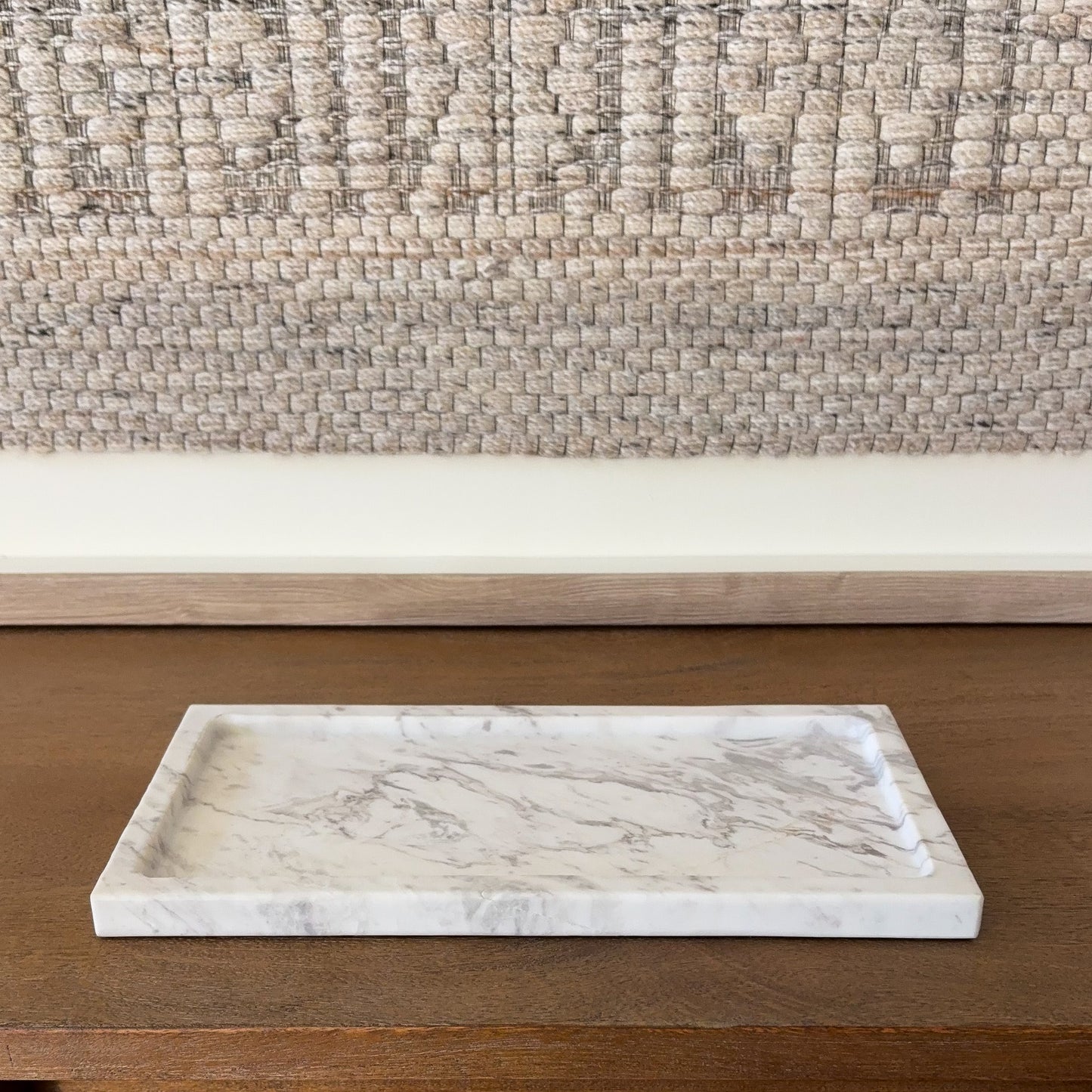 Modern coffee table styled with Volakas marble tray