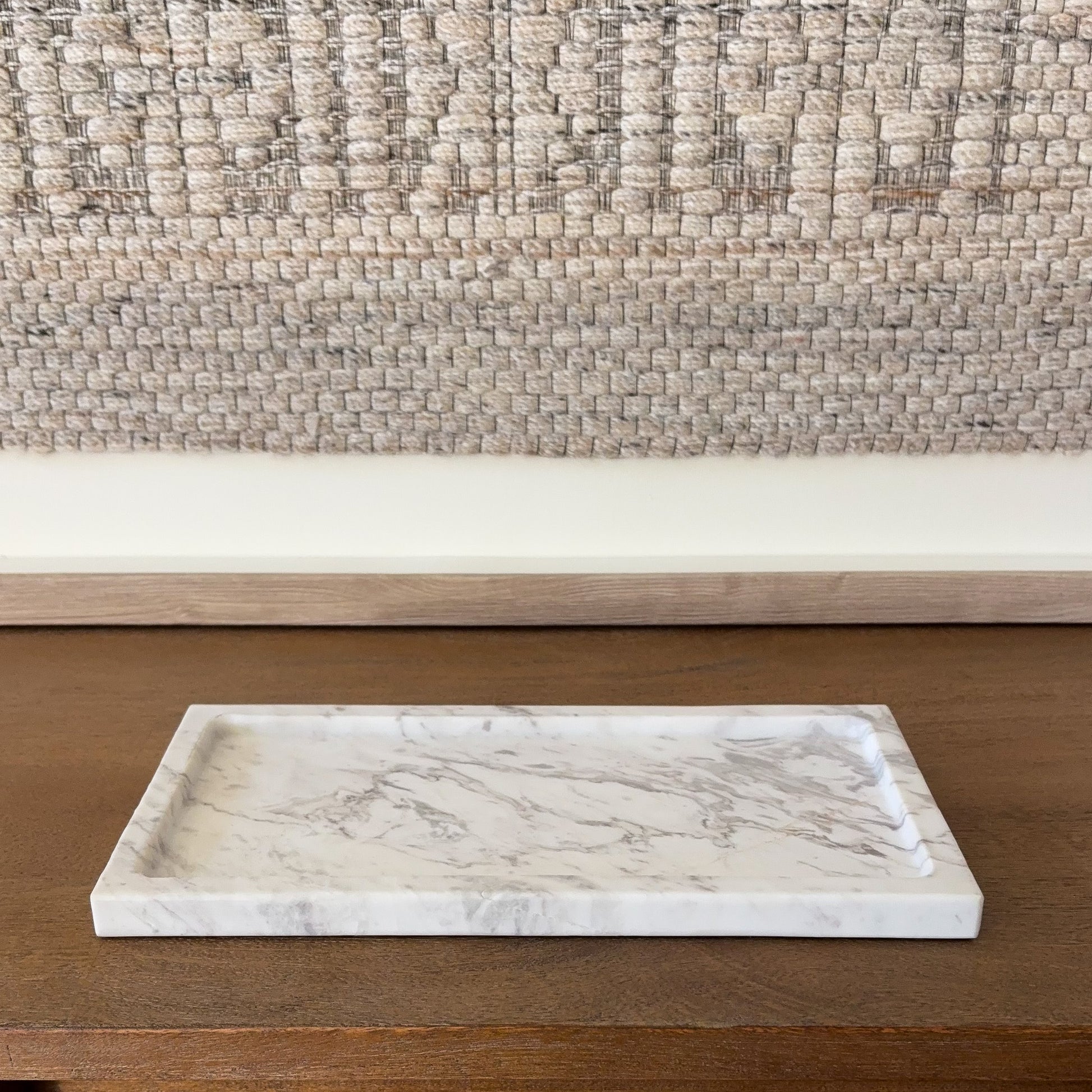 Modern coffee table styled with Volakas marble tray