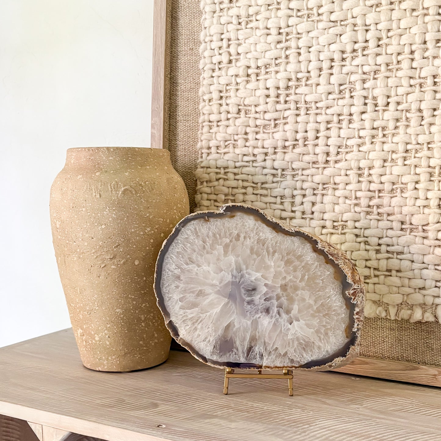 Brazilian agate slab on stand – large decorative gemstone with natural banded crystal formation