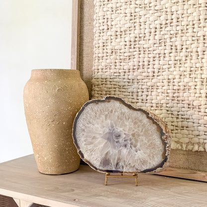 Brazilian agate slab on stand – large decorative gemstone with natural banded crystal formation