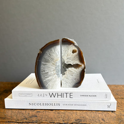 natural home accents, blue and white brazilian agate geode bookend pair
