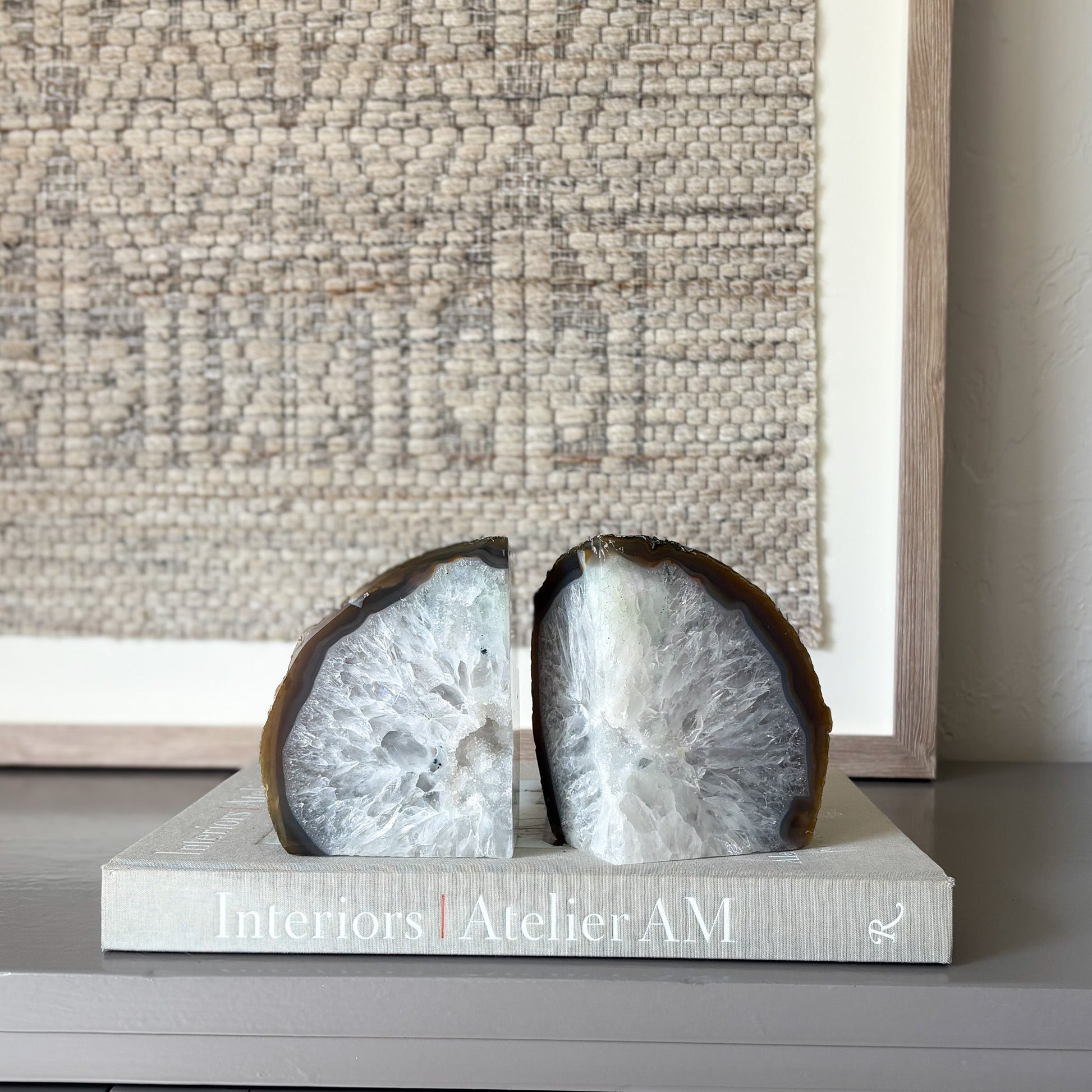 white geode bookends, neutral home accents