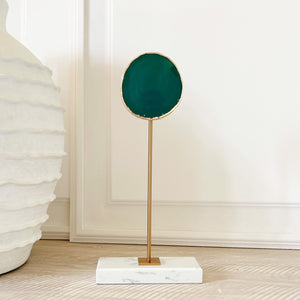 Open image in slideshow, green agate on marble and gold stand
