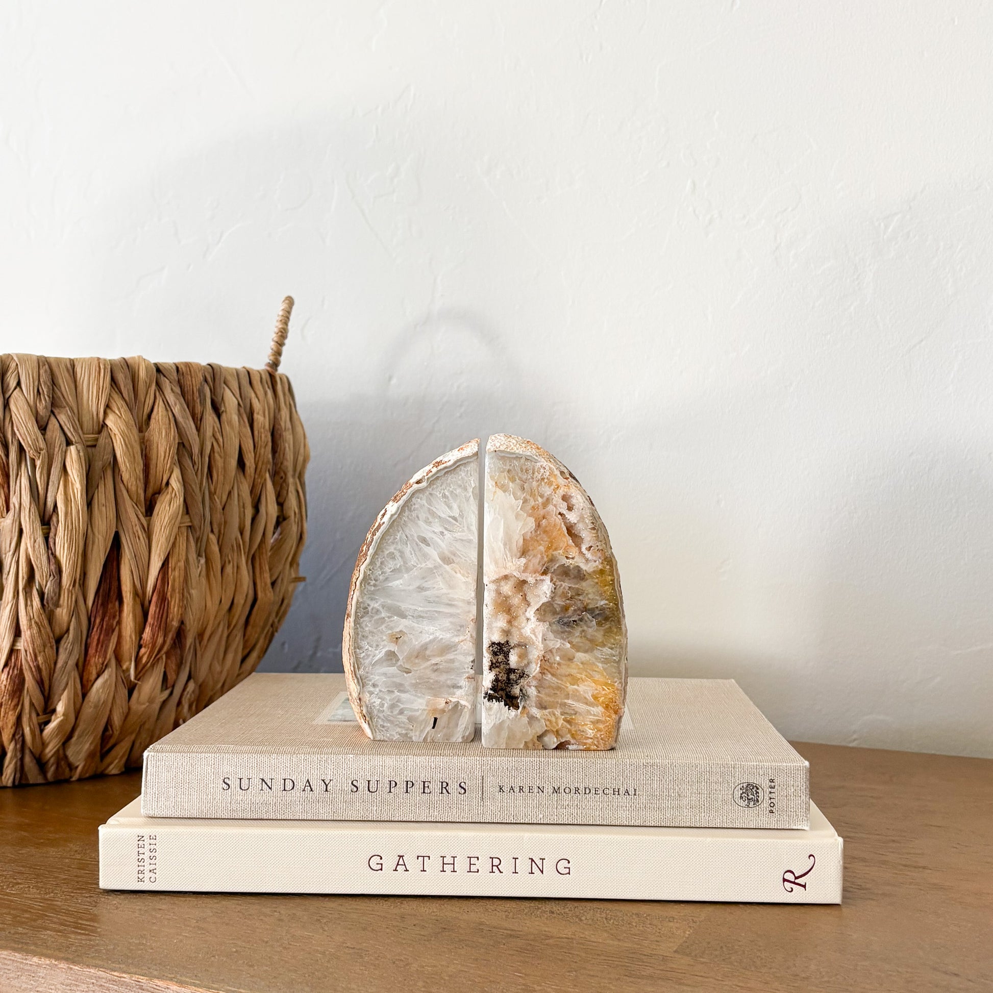 Natural agate druzy bookend pair with sparkling crystal center and raw edges