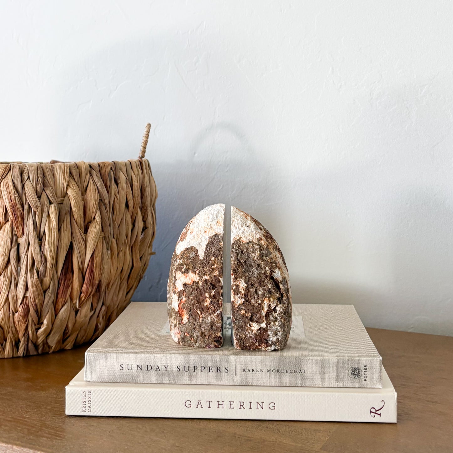 Decorative agate druzy bookend pair with raw edges for modern bookshelf styling