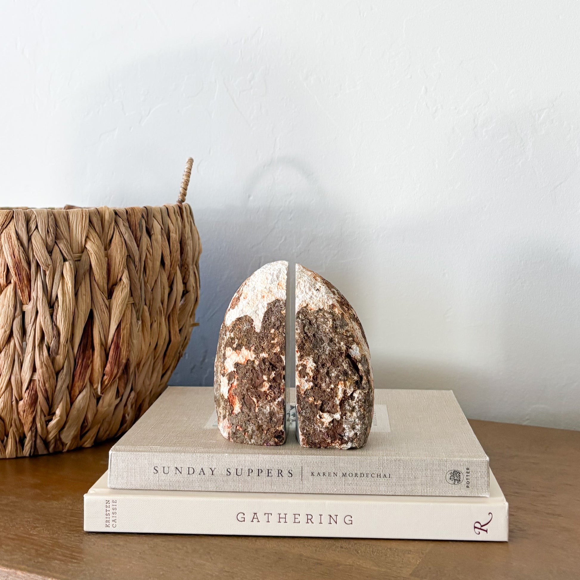 Decorative agate druzy bookend pair with raw edges for modern bookshelf styling