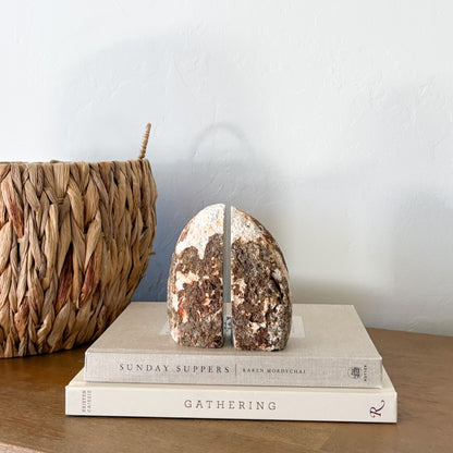Decorative agate druzy bookend pair with raw edges for modern bookshelf styling