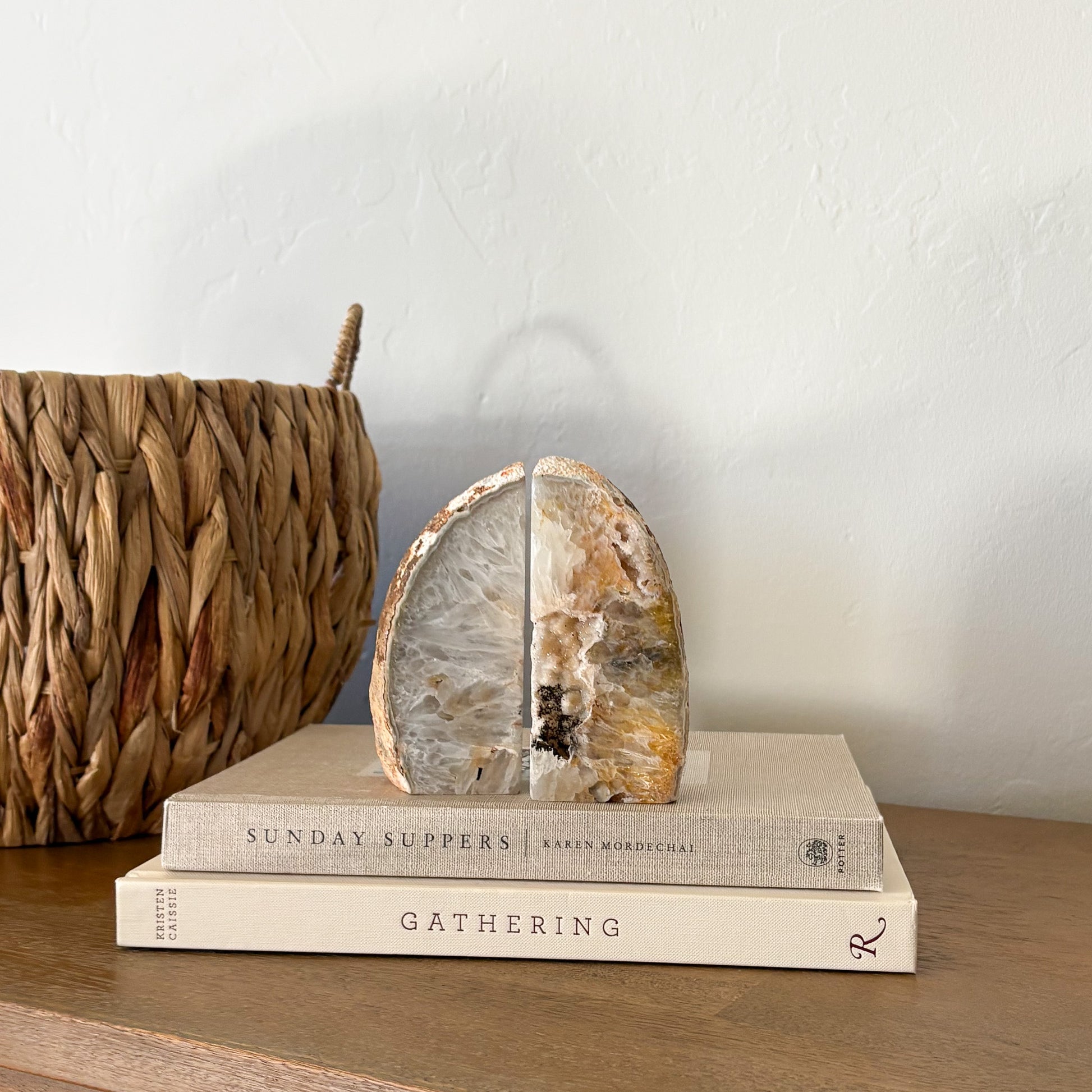 Agate druzy crystal bookend pair with raw edges