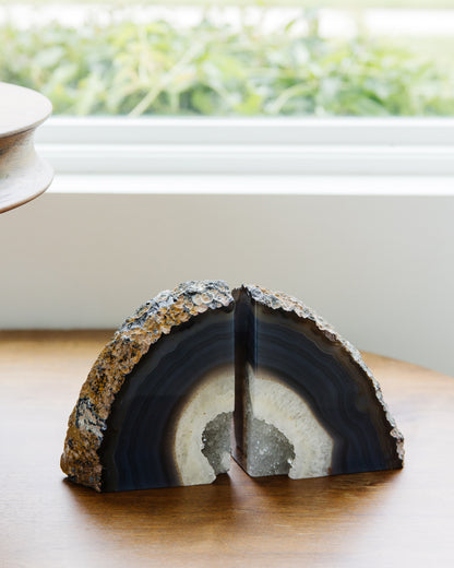 Natural blue agate druzy bookend pair handcrafted from genuine Brazilian agate