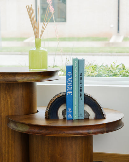 Natural Brazilian blue agate druzy bookend pair with polished stone and sparkling crystal center