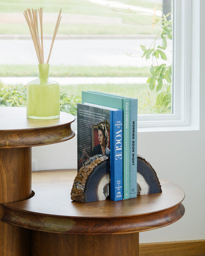 Polished Brazilian blue agate bookend pair with natural druzy crystal interior