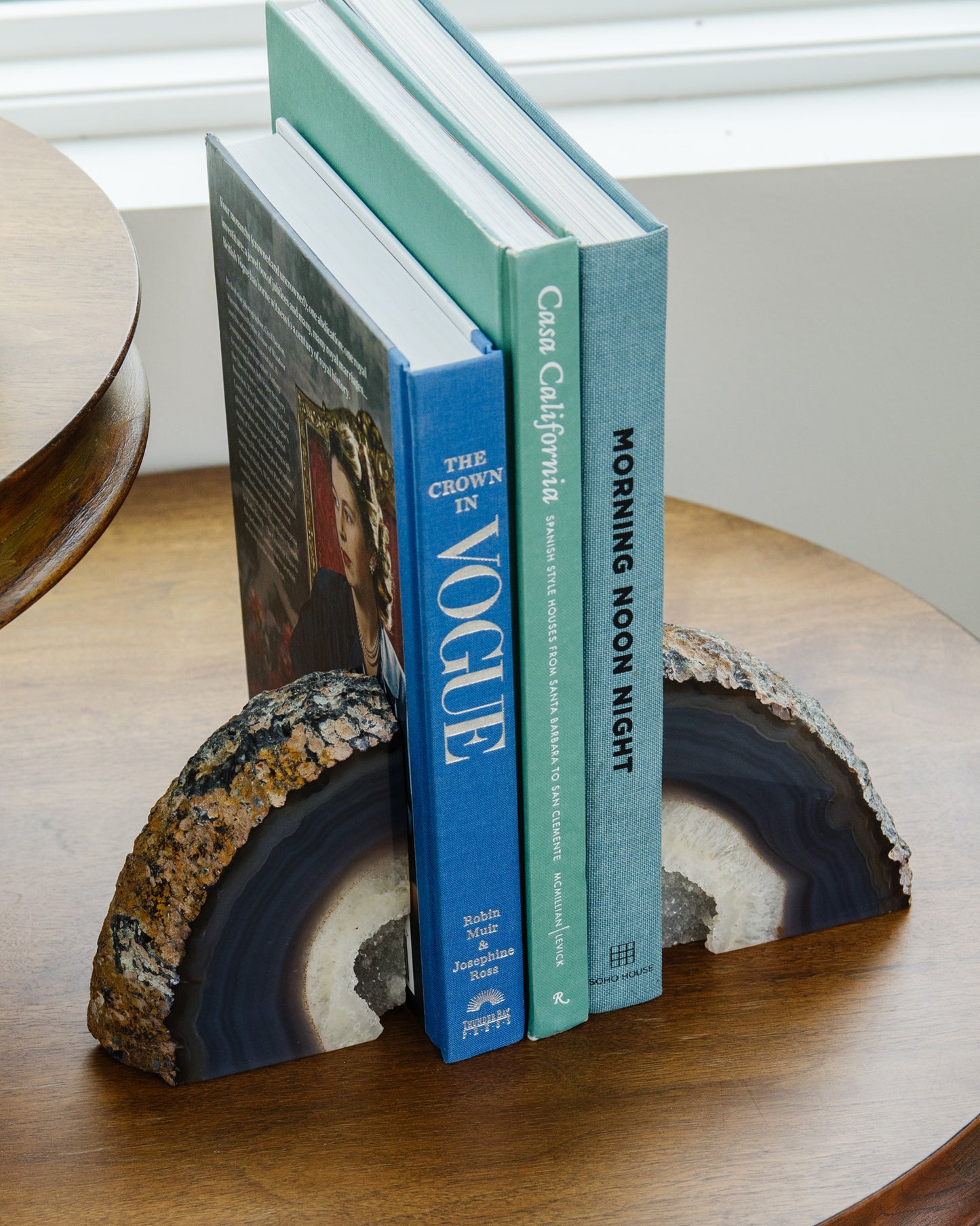 One-of-a-kind Brazilian blue agate druzy bookends featuring natural crystal formations
