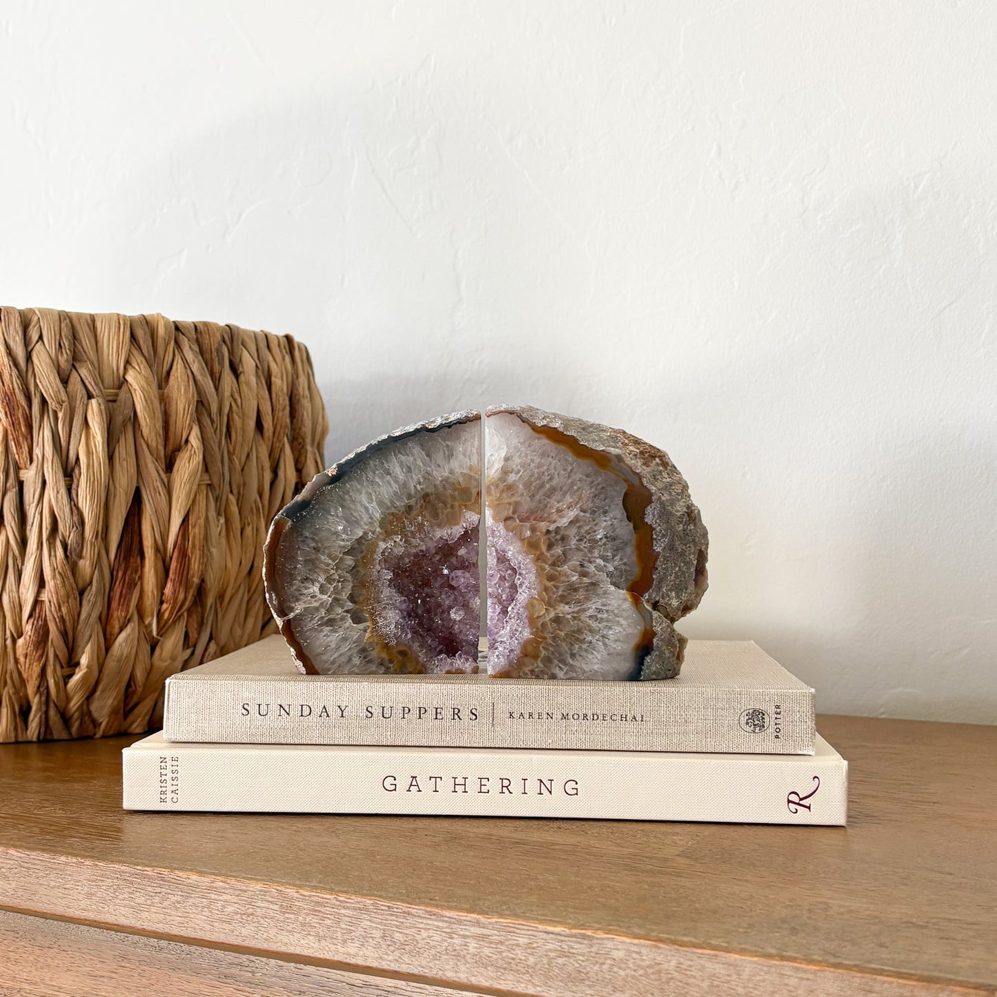 Hand-polished agate druzy bookend pair featuring sparkling quartz crystal interiors