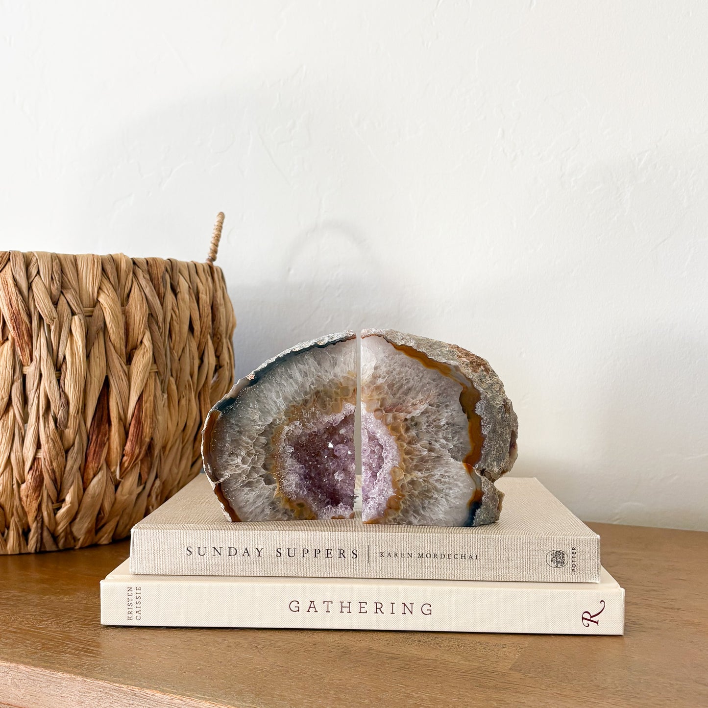 Decorative agate druzy crystal bookend pair for modern home office or bookshelf styling