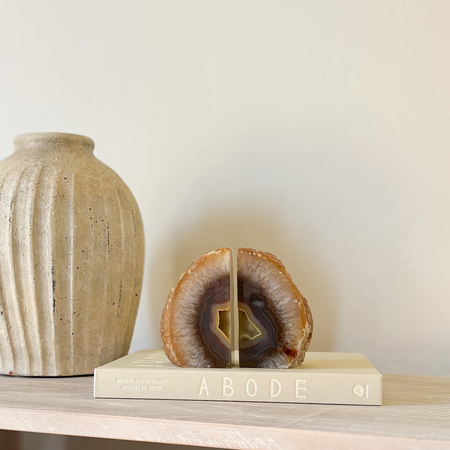 Natural agate druzy bookend pair with crystal quartz center and natural edges