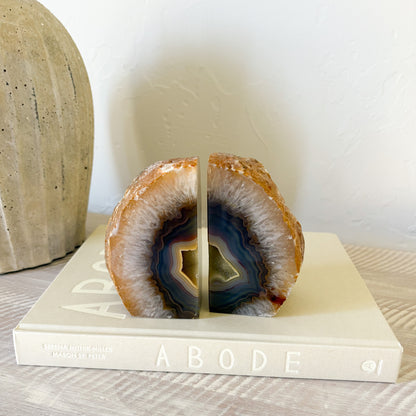 Genuine agate druzy bookends with natural crystal formation and smooth polished exterior