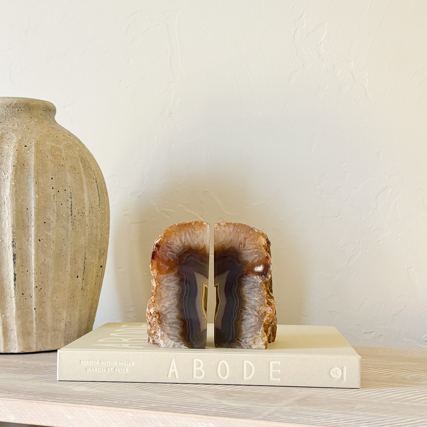 Genuine agate druzy bookends featuring natural quartz crystal interior and raw unpolished edges