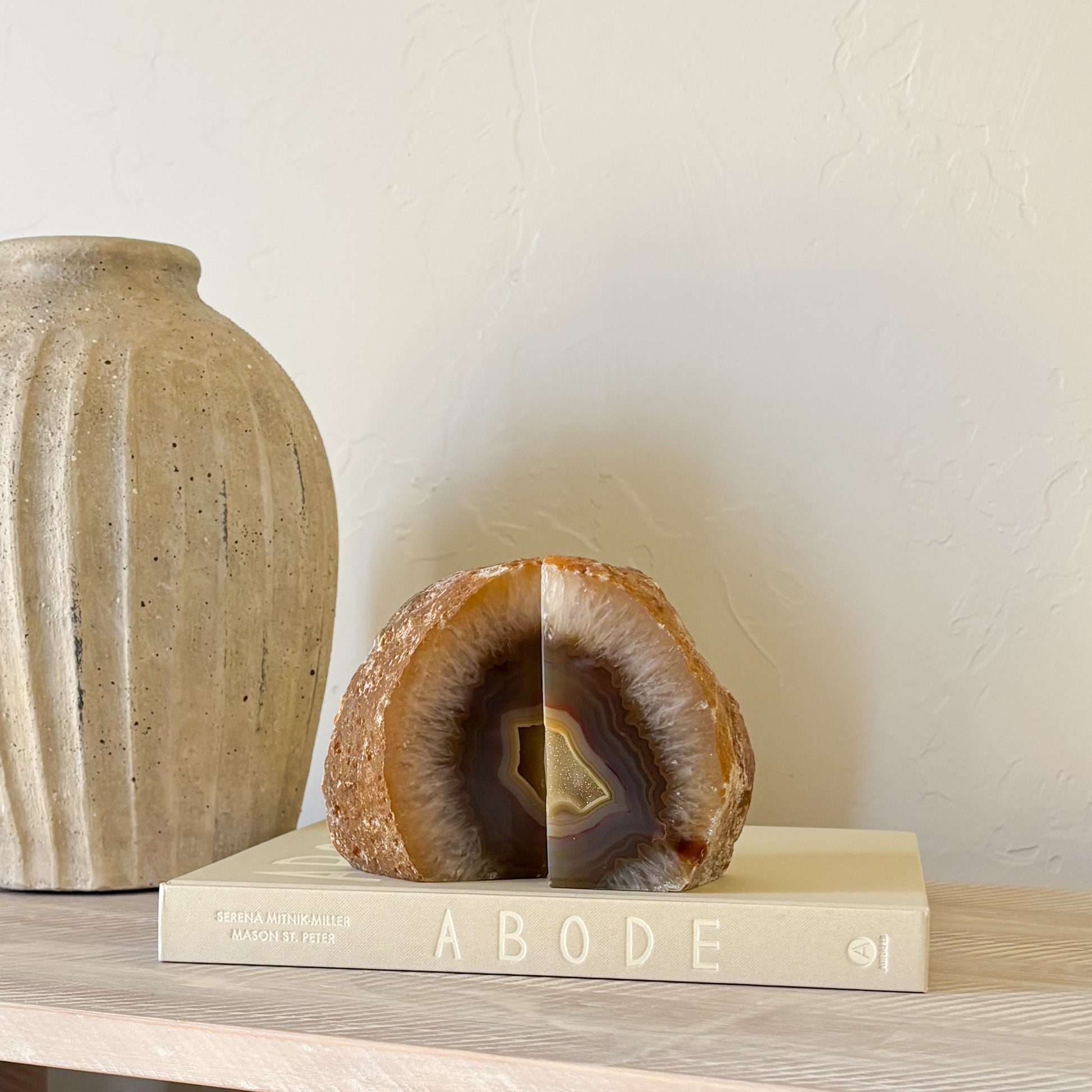 Decorative agate druzy crystal bookend pair for modern home office or bookshelf styling