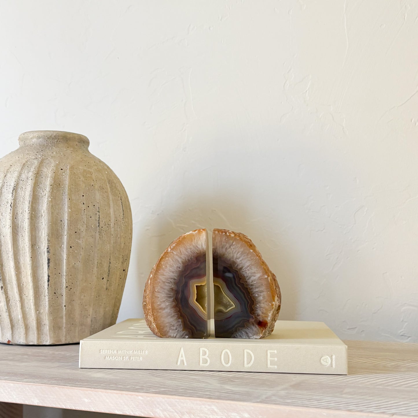 Hand-polished agate druzy bookend pair featuring sparkling quartz crystal interiors