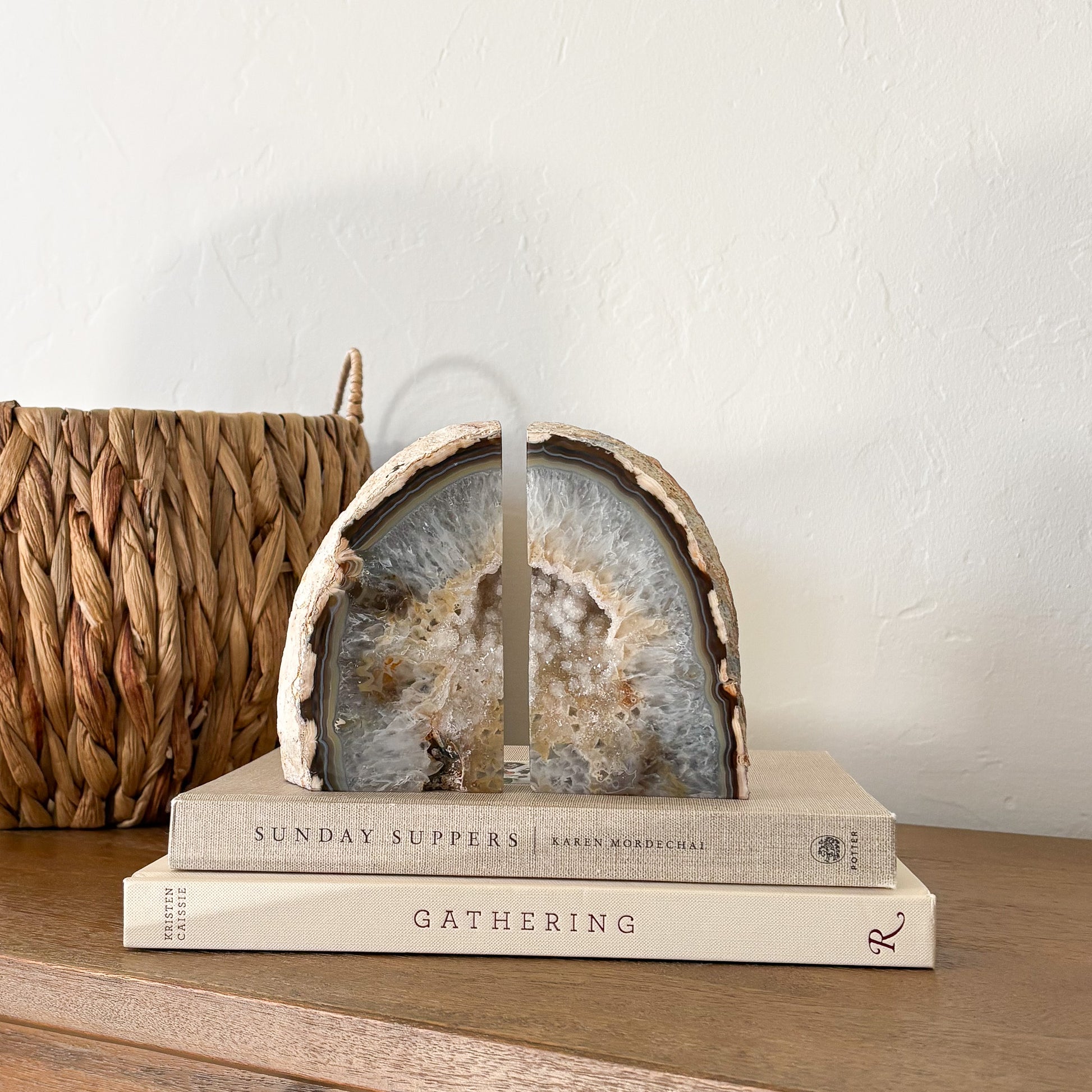 Decorative agate druzy bookend pair with raw edges for modern bookshelf styling