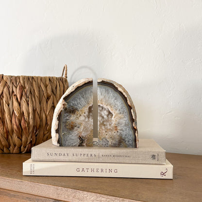Decorative agate druzy bookend pair with raw edges for modern bookshelf styling