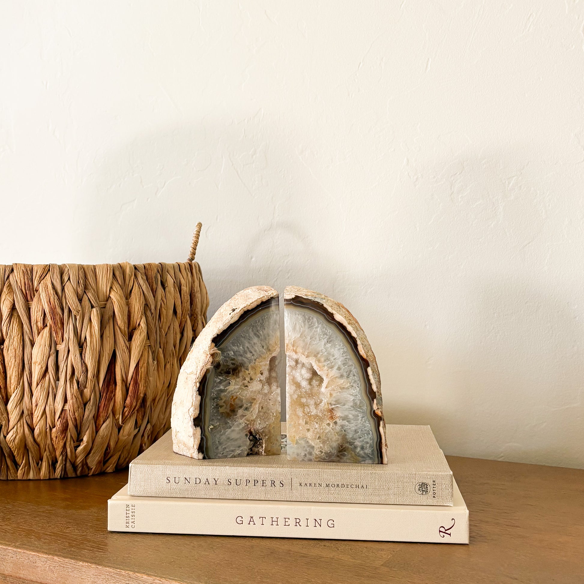 Genuine agate druzy bookends featuring natural quartz crystal interior and raw unpolished edges