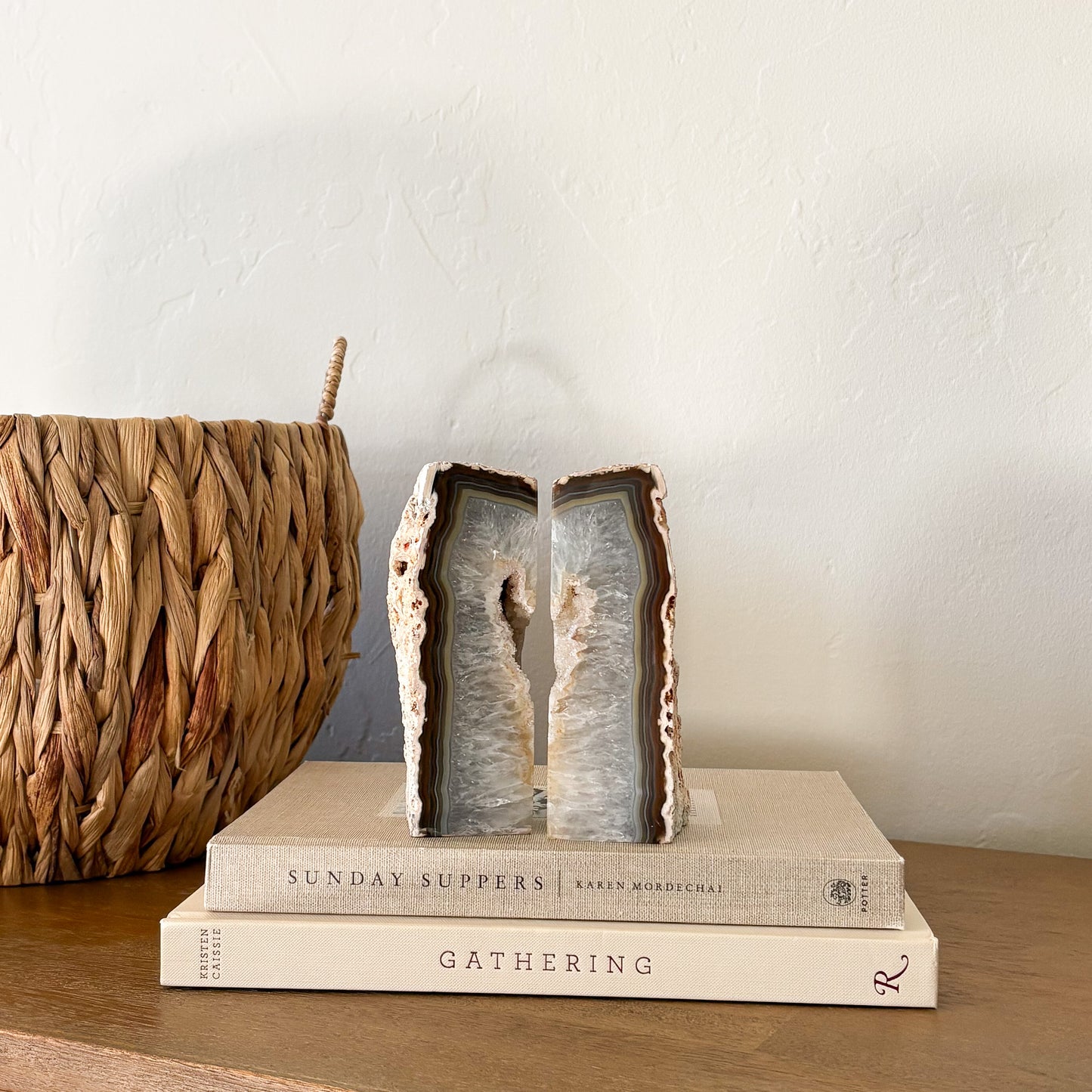 Agate druzy crystal bookend pair with raw edges