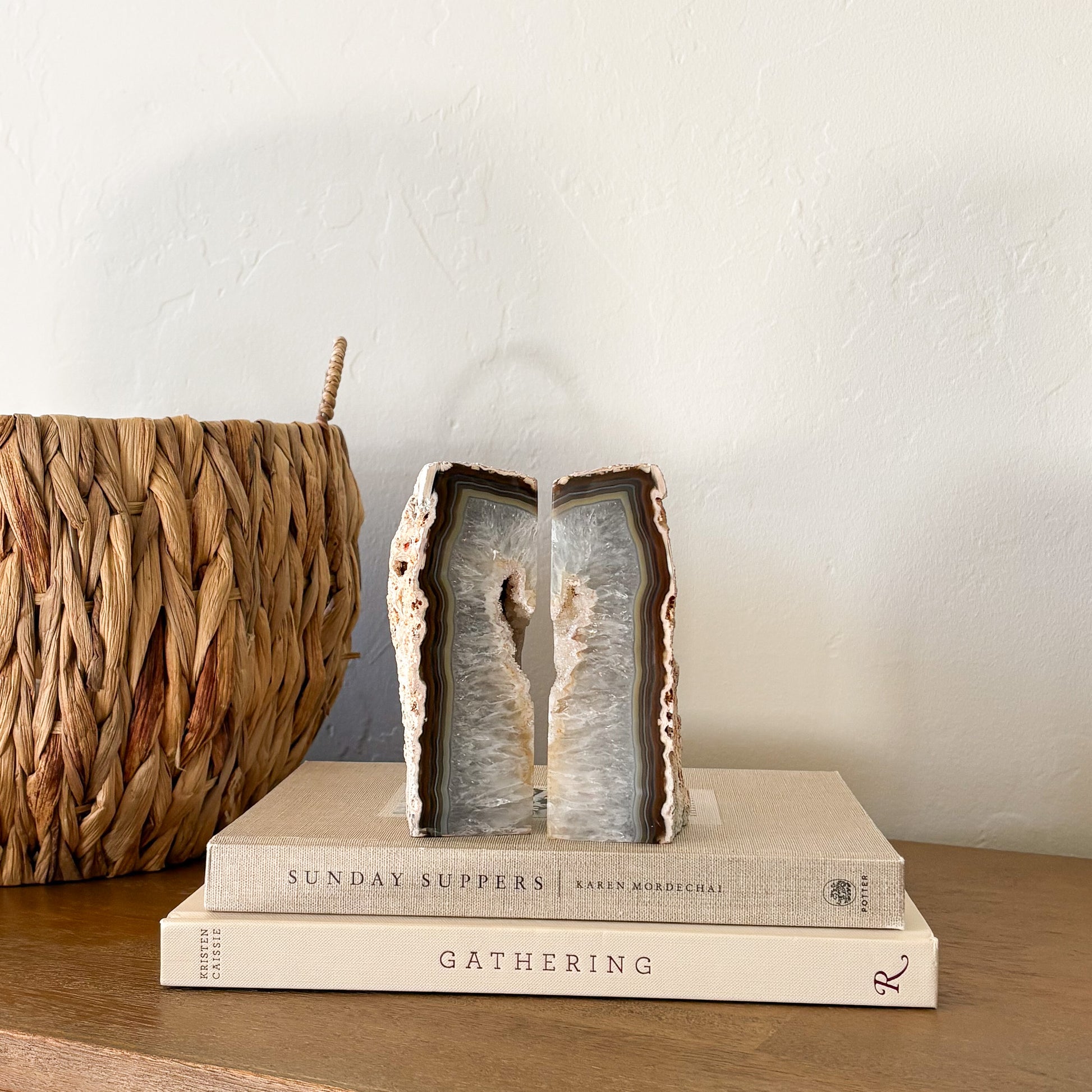 Agate druzy crystal bookend pair with raw edges