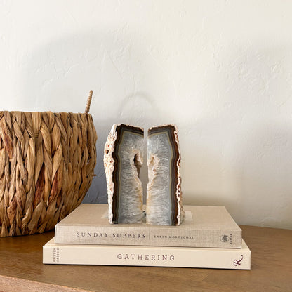 Agate druzy crystal bookend pair with raw edges