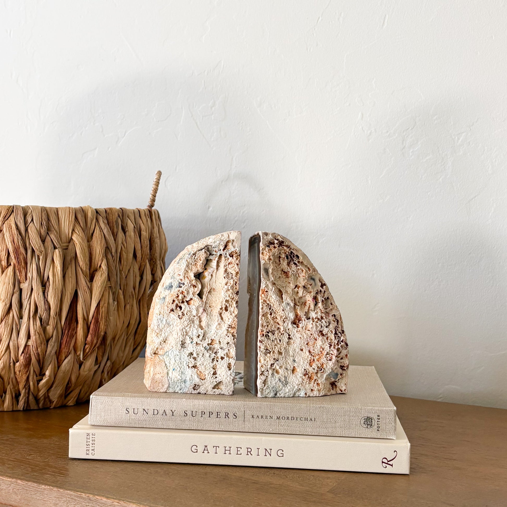 Decorative agate druzy crystal bookend pair for modern home office or bookshelf styling