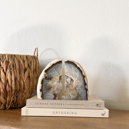 Natural agate druzy bookend pair with sparkling crystal center and raw edges