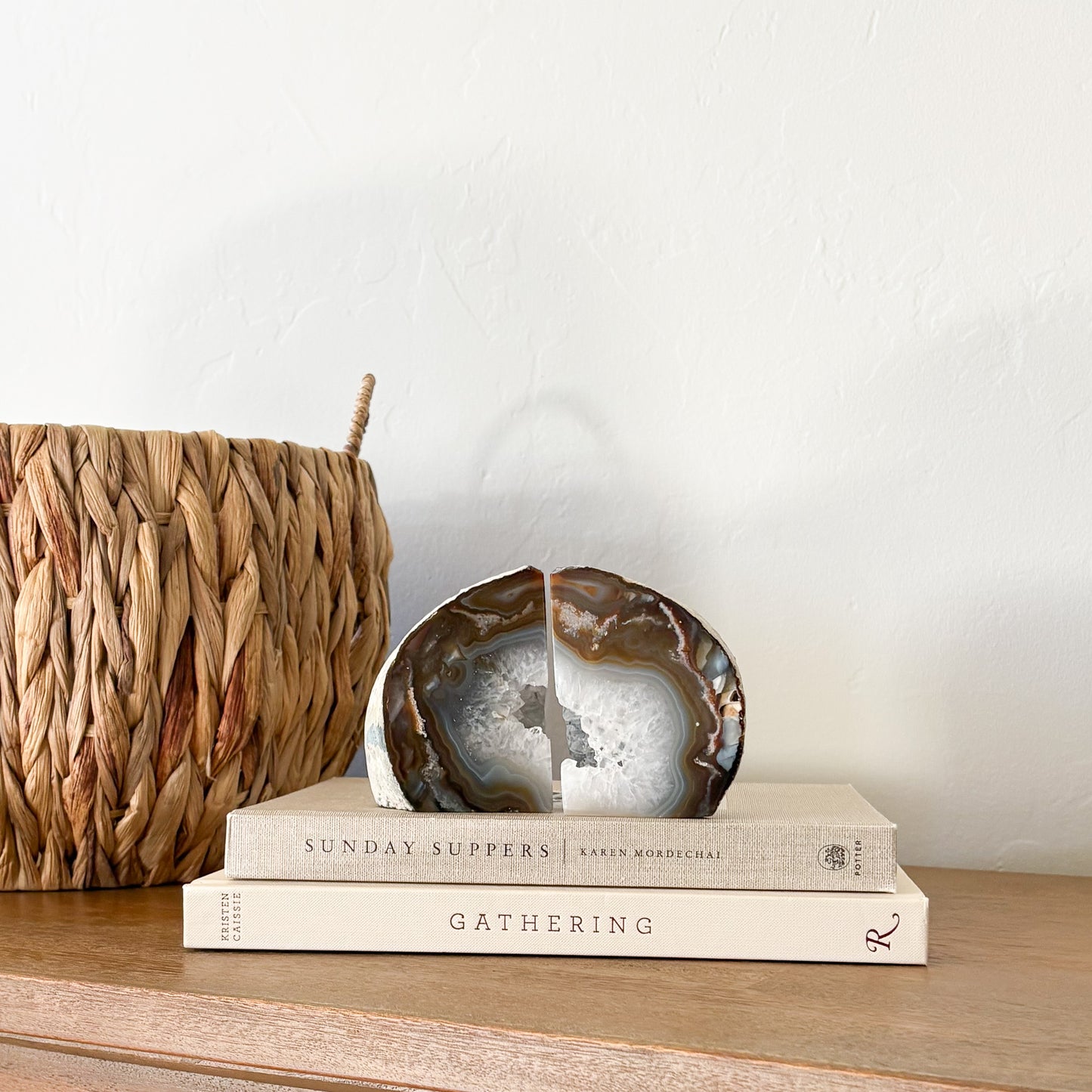 Decorative agate druzy crystal bookend pair for modern home office or bookshelf styling