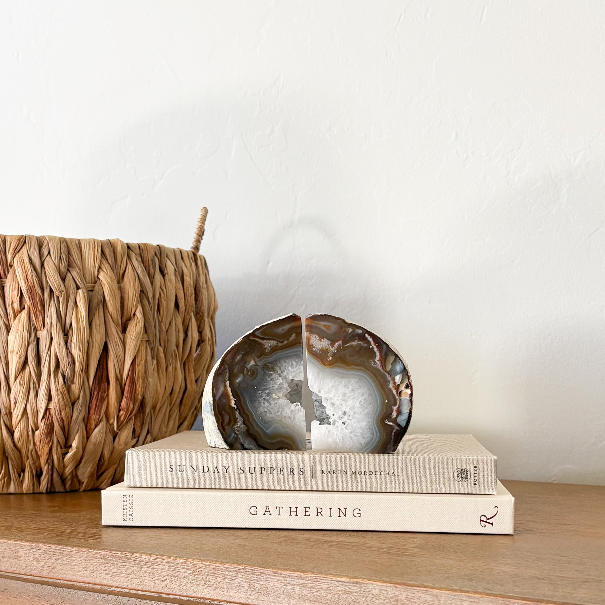Decorative agate druzy crystal bookend pair for modern home office or bookshelf styling