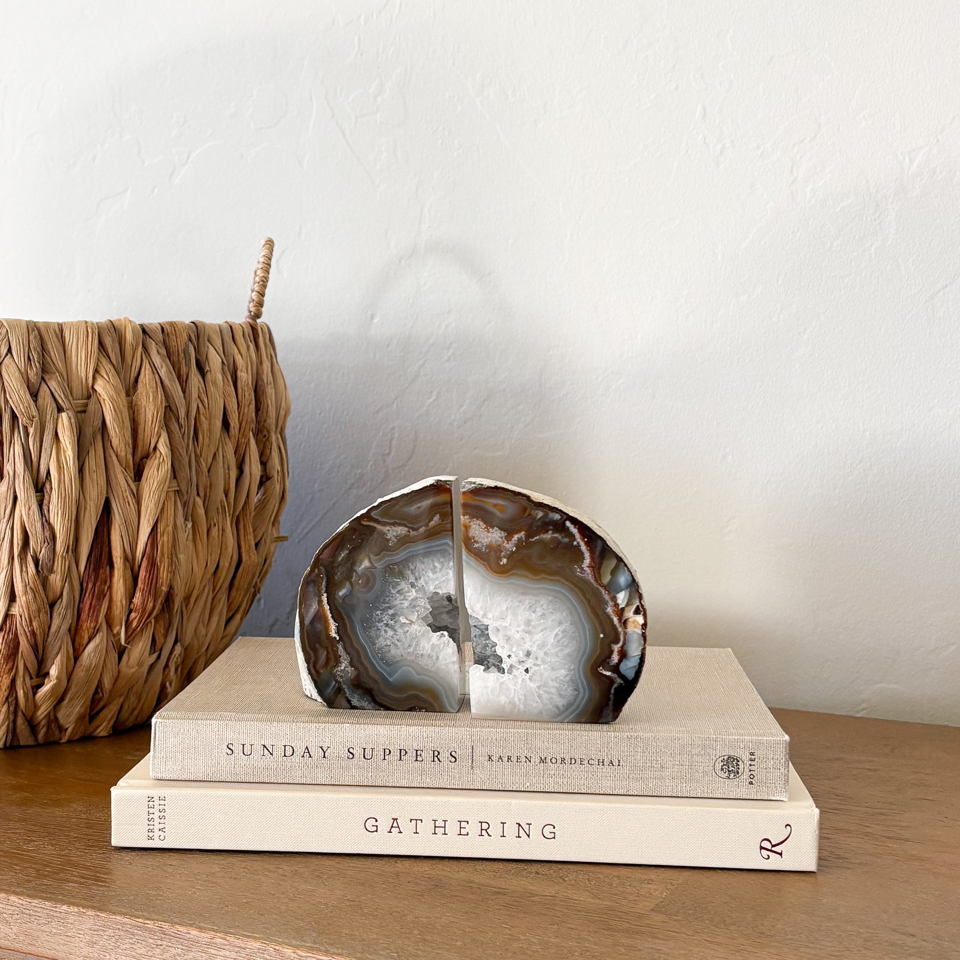 Natural agate druzy bookend pair with sparkling crystal center and raw edges