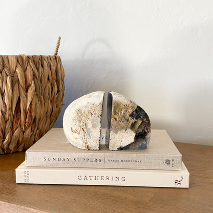 Genuine agate druzy bookends featuring natural quartz crystal interior and raw unpolished edges