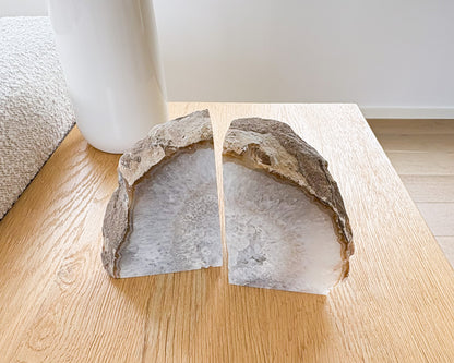Large natural agate bookend pair with druzy crystal details