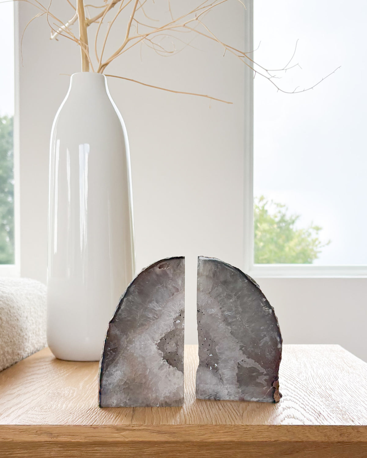 Natural agate crystal bookends with druzy formations