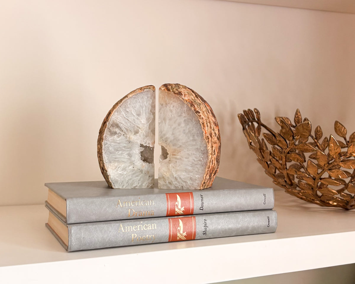 Natural agate druzy bookends with sparkling crystal centers