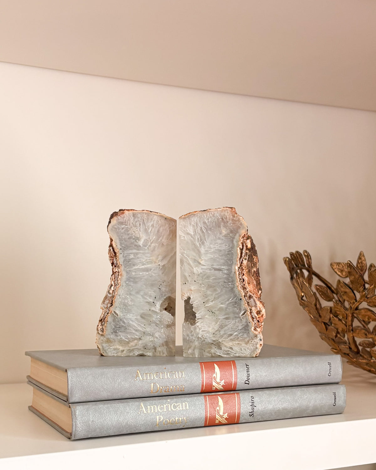 Polished agate bookend pair with raw druzy crystal