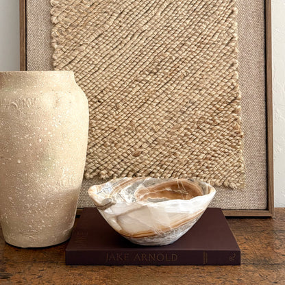 Artisan hand carved onyx bowl in amber color, polished stone bowl for table décor or display