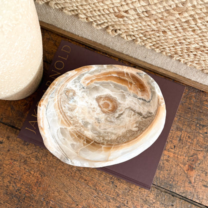 Natural amber onyx bowl hand carved from solid stone, unique decorative bowl with warm golden tones