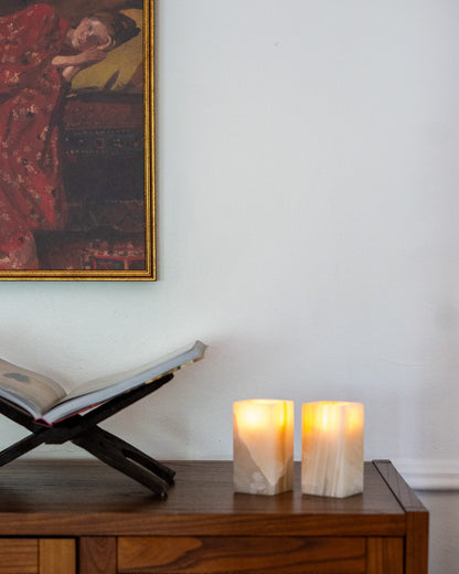Natural amber onyx votive candle holder, each piece uniquely veined