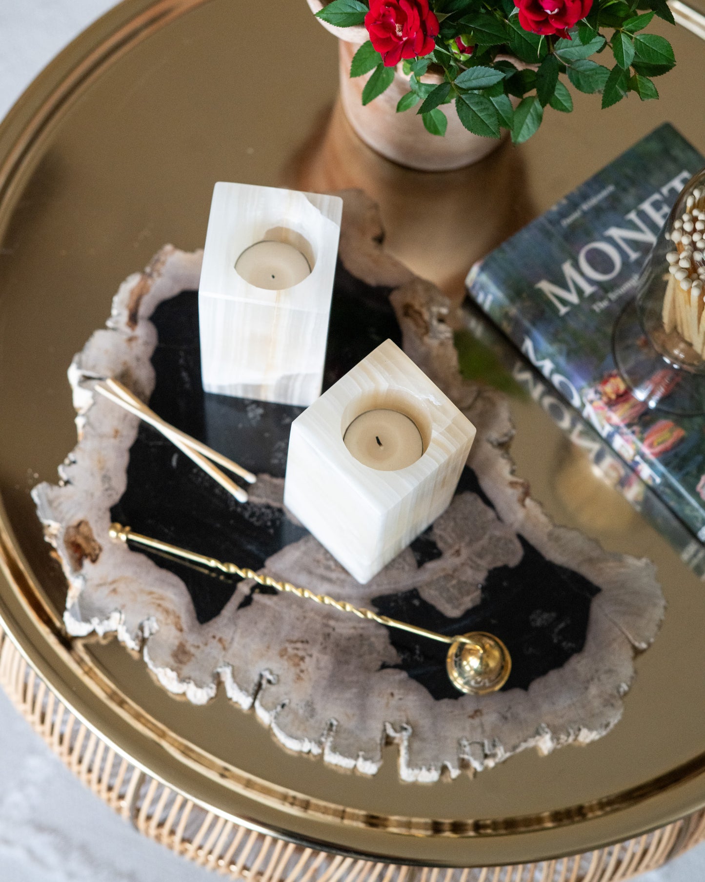 Genuine amber onyx tealight candle holder with natural stone patterns