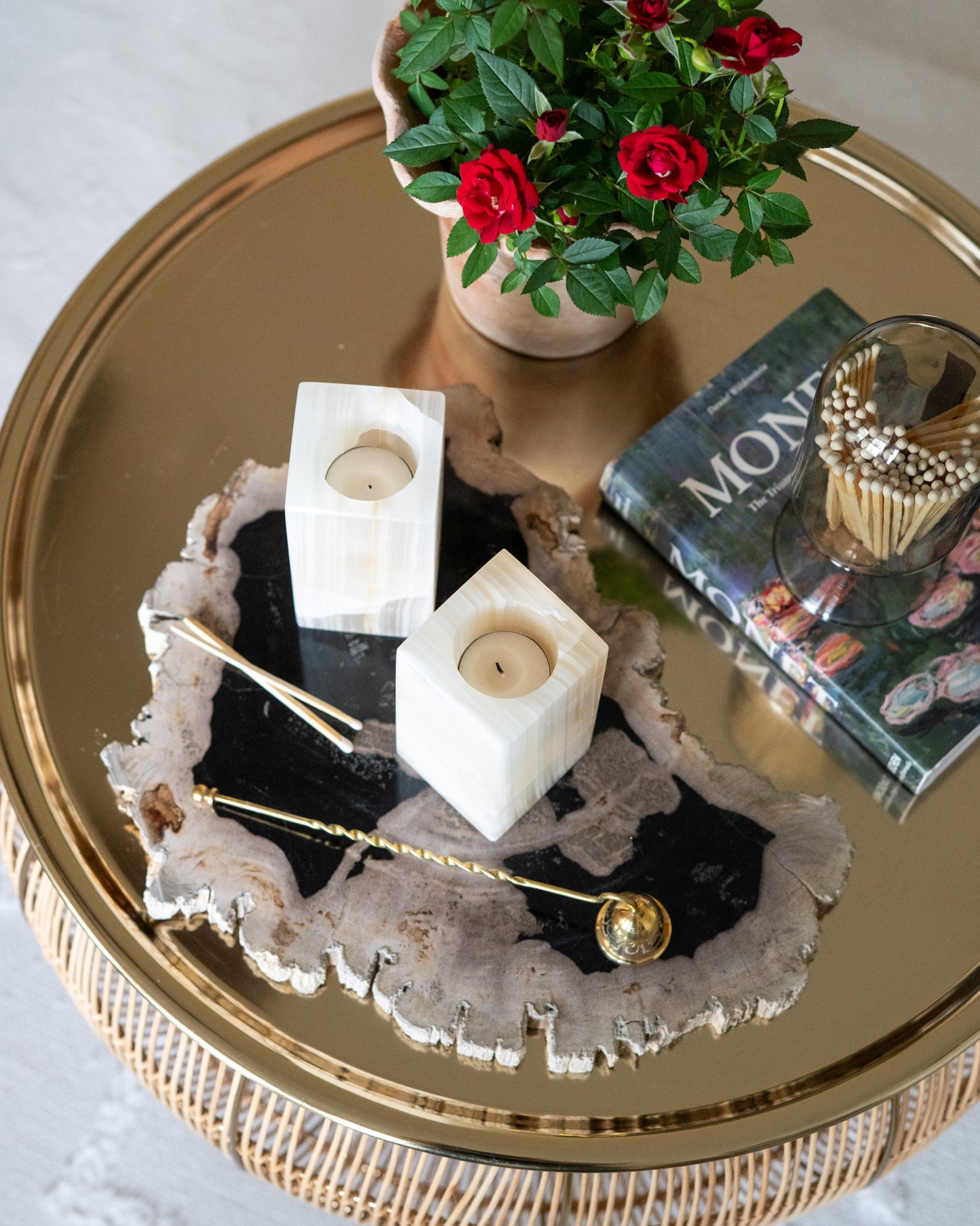 Decorative amber onyx candle holder made from natural stone