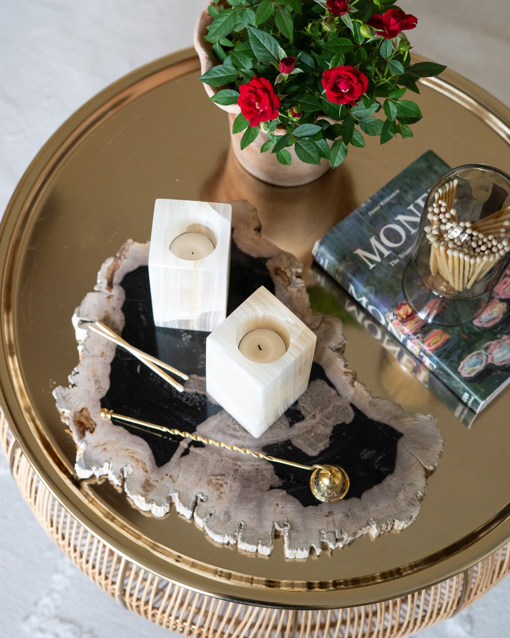Decorative amber onyx candle holder made from natural stone