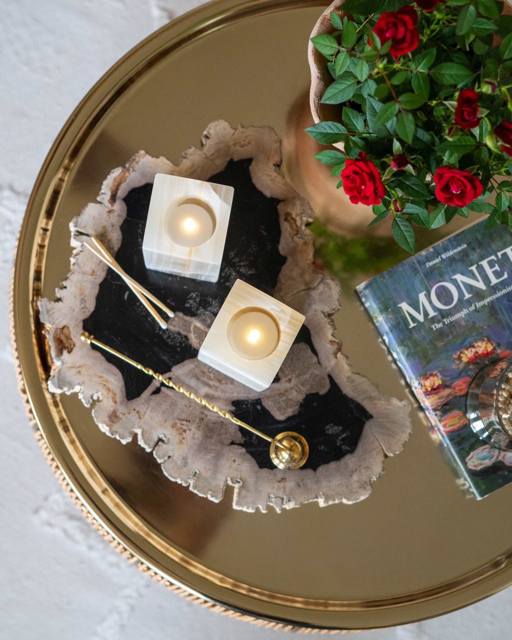 Natural amber onyx tealight holder for coffee table or shelf styling