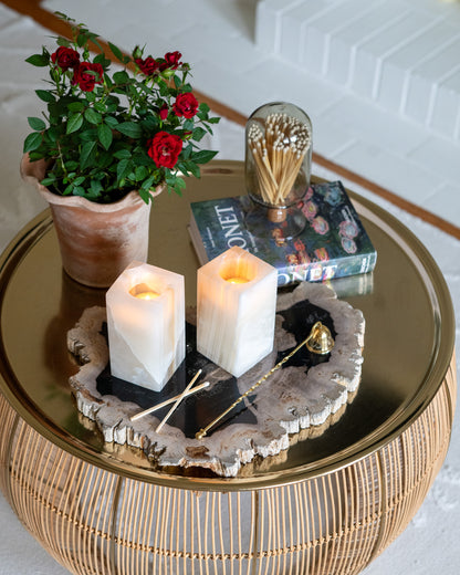 Amber onyx votive candle holder handcrafted from natural stone