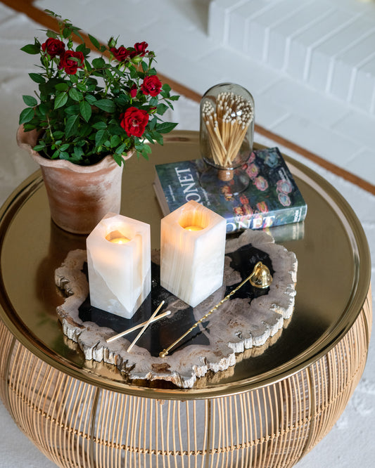 Amber onyx votive candle holder handcrafted from natural stone